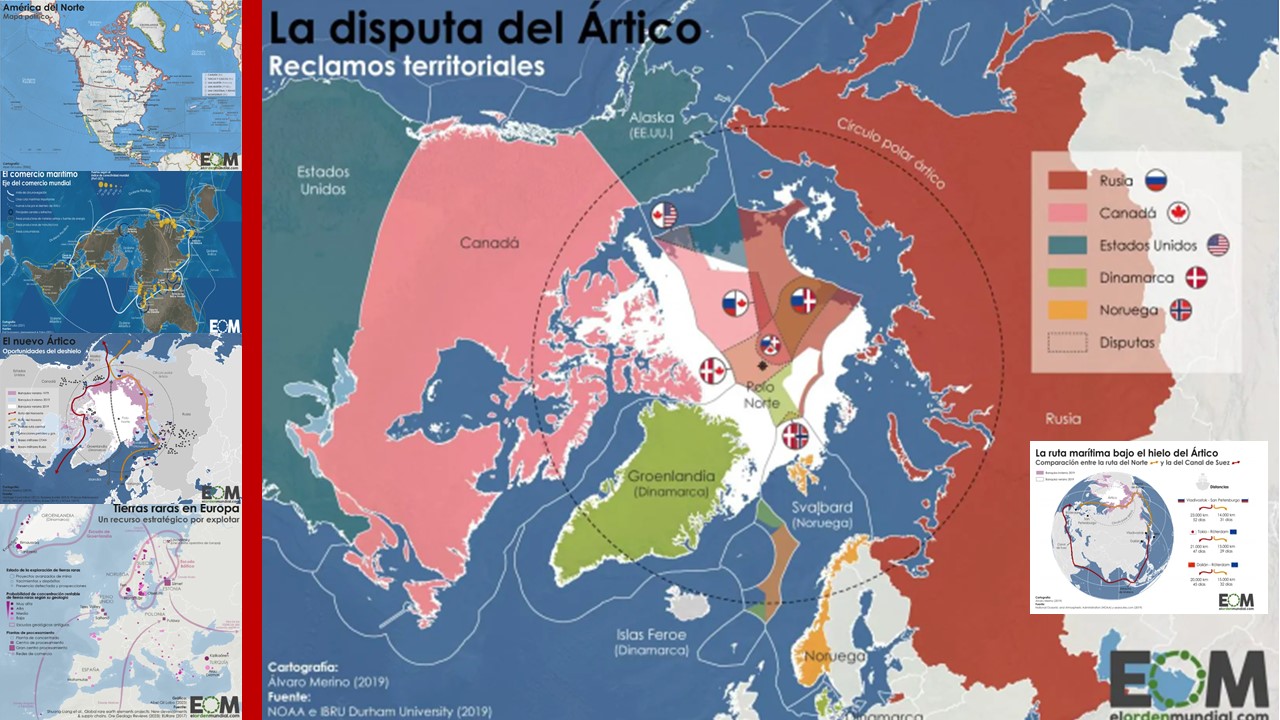 EL INTERÉS GEOPÓLITIOCO DE LA REGIÓN SE HA DISPARADO Las disputas territoriales en el Ártico ¿TRUMP PONDRÁ EN MARCHA LA ANEXIÓN DE GROENLANDIA? • Cada vez más países están estableciendo reclamos territoriales sobre el Ártico. La zona tiene un enorme interés por las rutas y los hidrocarburos. • Cinco mapas para entender por qué Trump quiere Groenlandia El mapa político de América del Norte La nueva geopolítica del Ártico El mapa del comercio marítimo en el mundo El mapa de las tierras raras en Europa Las disputas territoriales en el Ártico