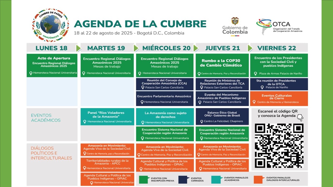 La Cumbre de los Estados Parte del Tratado de Cooperación Amazónica (TCA) se realizará el próximo 22 de agosto de 2025, en la ciudad de Bogotá.